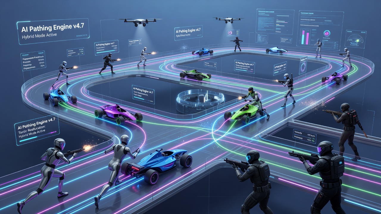 Diagram showing adaptive AI path adjustments in a shared browser racing and shooting environment with multiple player avatars coordinating around obstacles