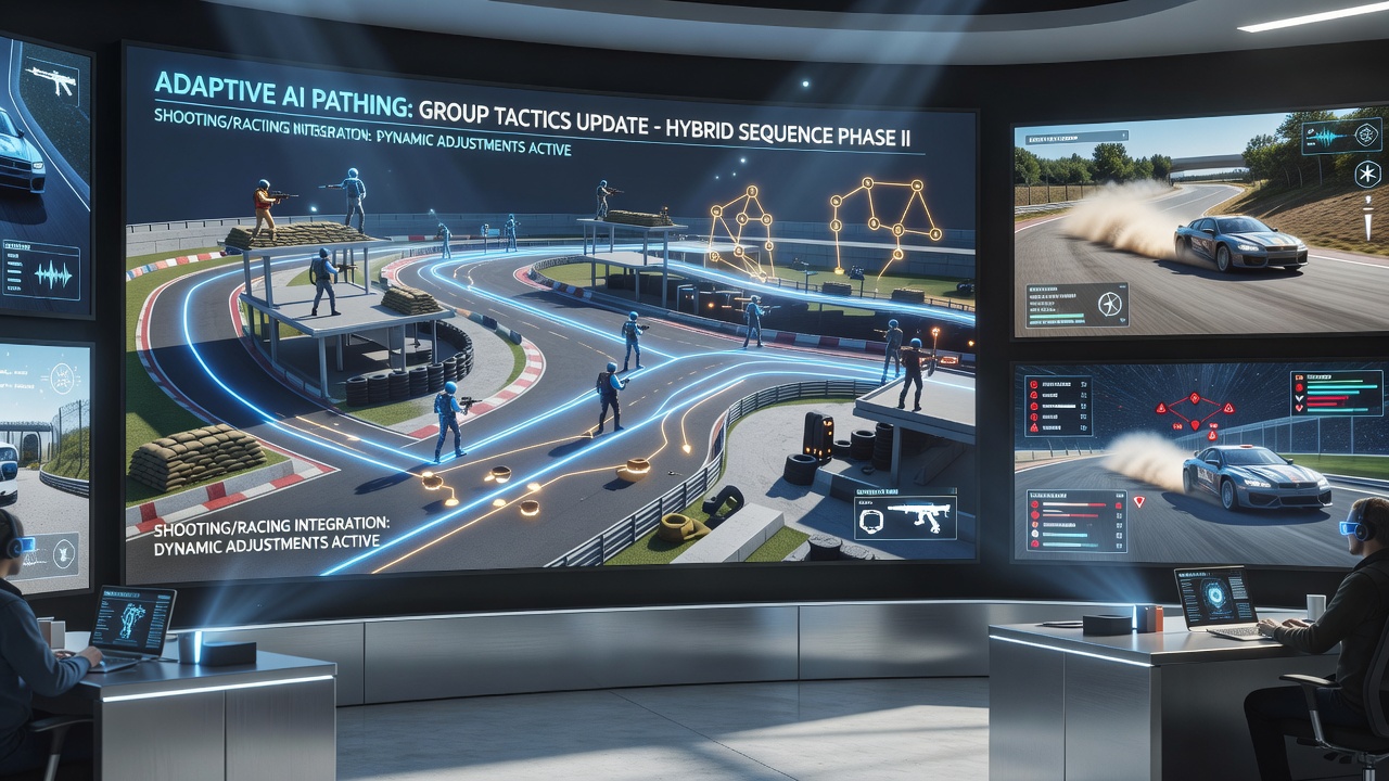 Screenshot of browser interface displaying real-time group path recalculations during a combined shooting and racing sequence with highlighted AI adjustments