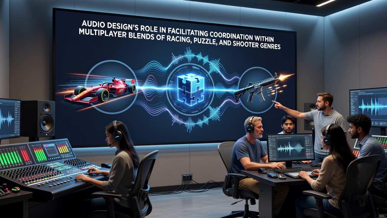 Close-up of cooperative gameplay with synchronized audio cues linking puzzle elements and shooting targets
