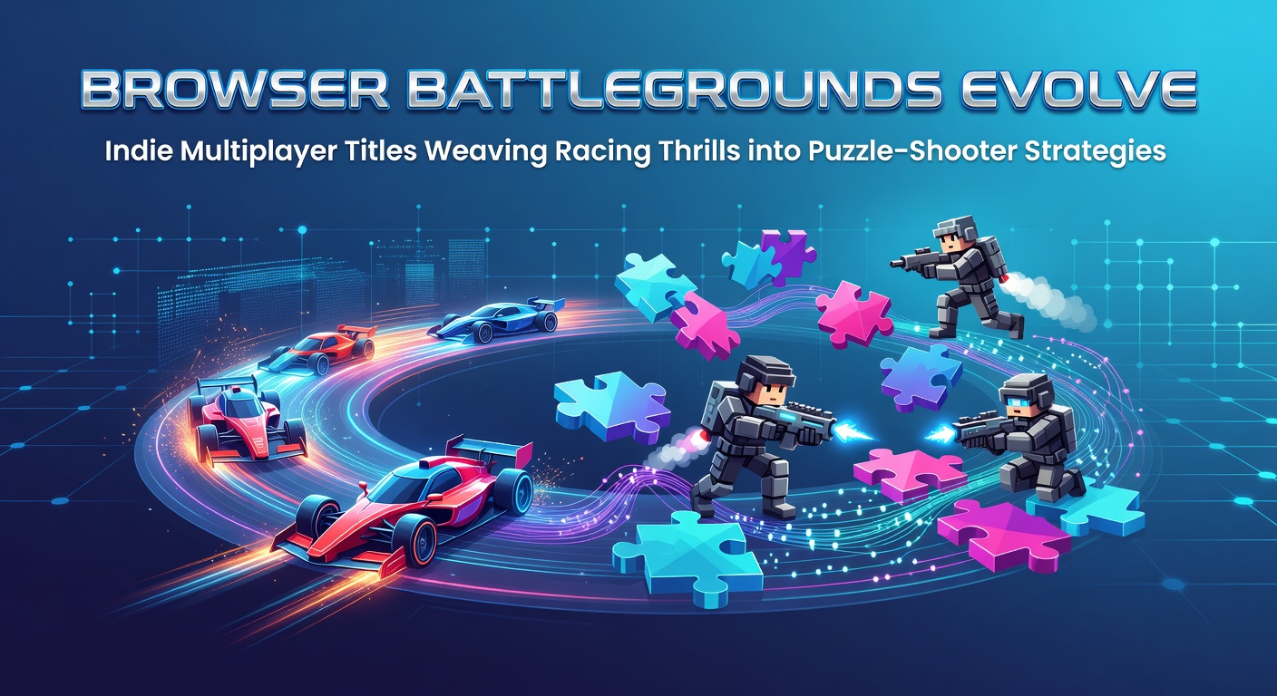 Vibrant screenshot from a browser-based indie game showing players racing through puzzle-filled arenas while engaging in shooter combat, with colorful tracks twisting around explosive obstacles