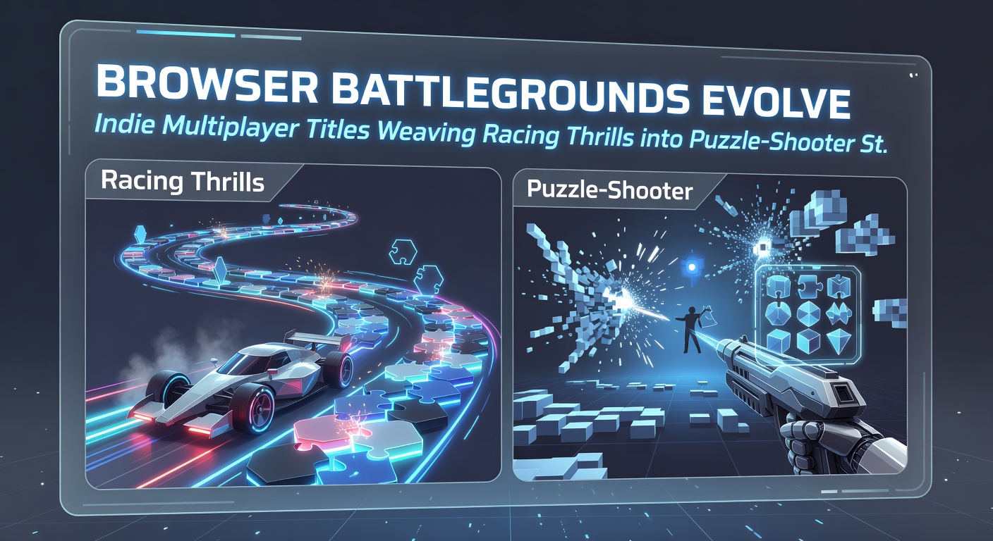Close-up action shot of multiplayer chaos in an indie browser racer-shooter, with vehicles dodging puzzle projectiles amid glowing track barriers and player avatars in fierce pursuit