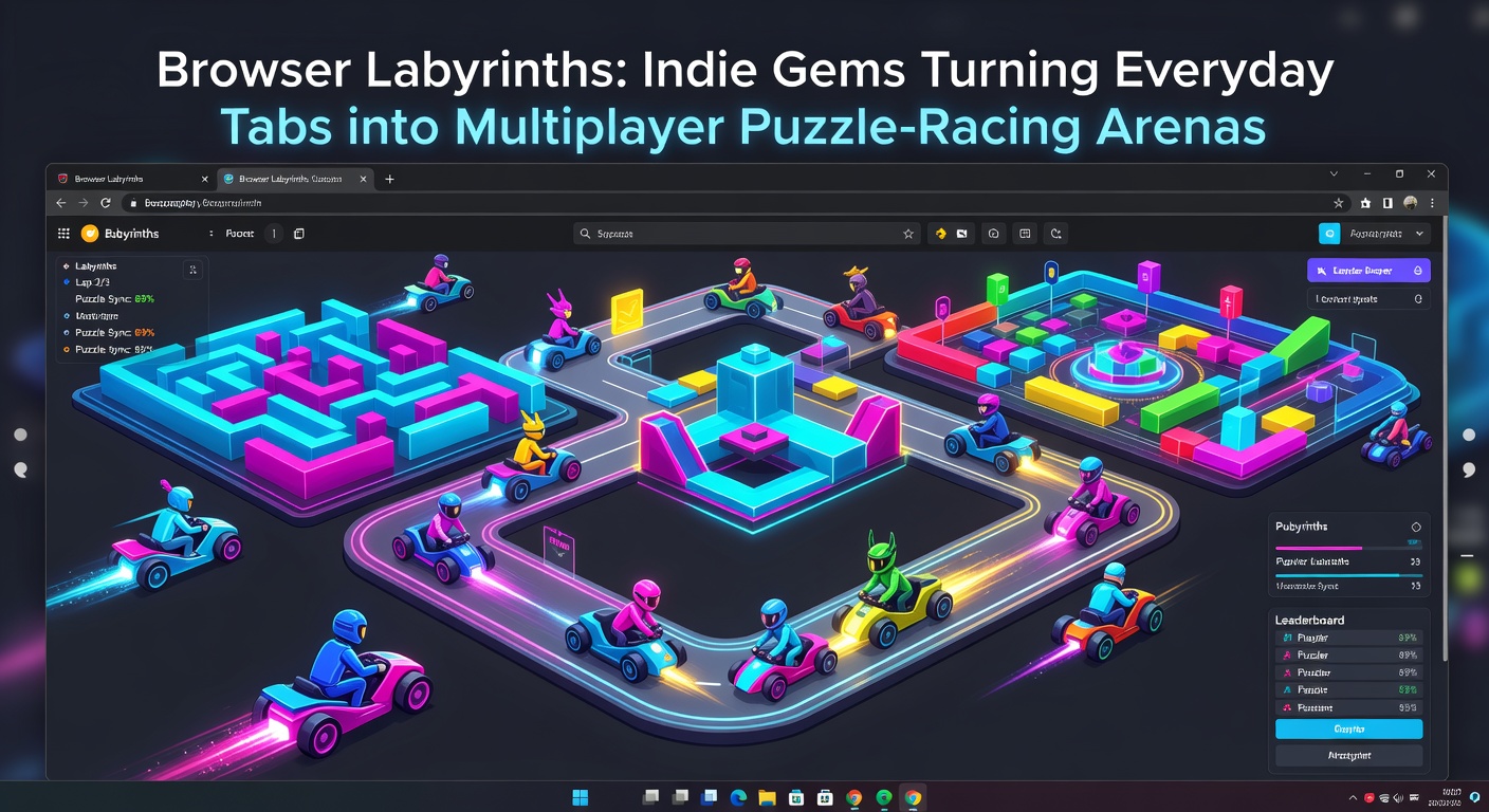 Close-up of a competitive browser labyrinth race, with players' avatars maneuvering puzzles and traps in a chaotic multiplayer tab arena