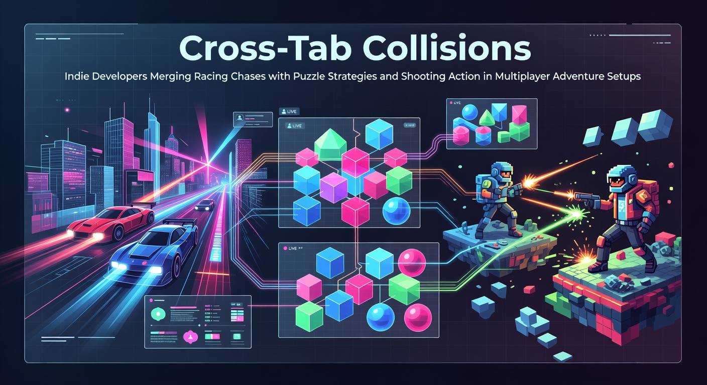 Indie developers showcasing cross-tab racing and puzzle shooter mechanics in a browser-based multiplayer setup