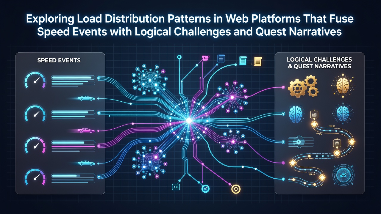 Web platform architecture diagram showing load distribution across speed events, logical puzzles, and quest narrative servers