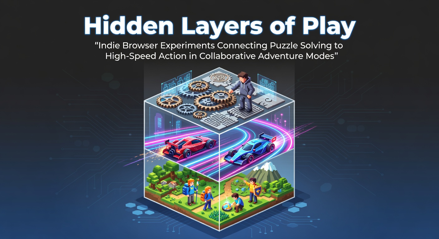 Indie browser game screenshot displaying integrated puzzle mechanics within fast-paced collaborative adventure sequences