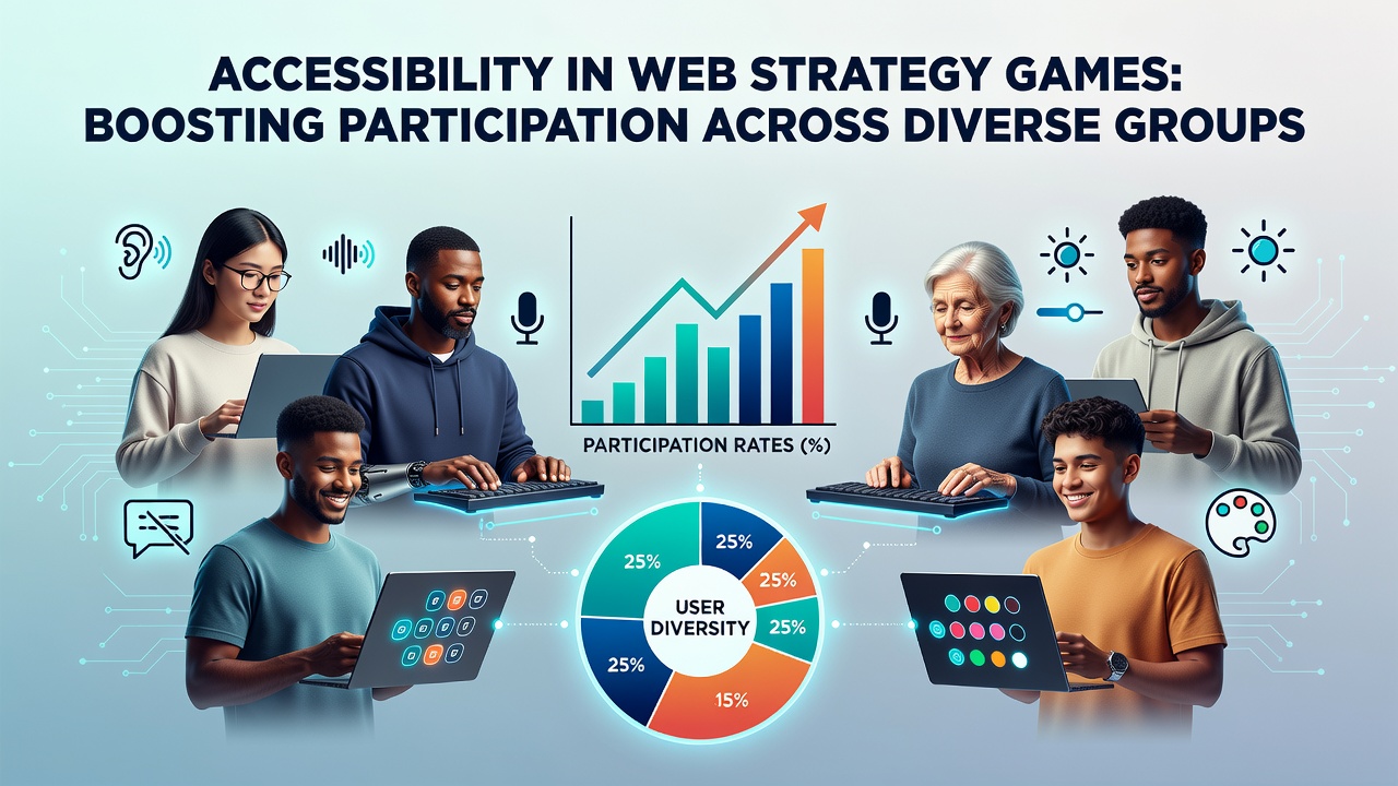 Players engaging with accessible web strategy game interfaces showing color contrast options and keyboard controls