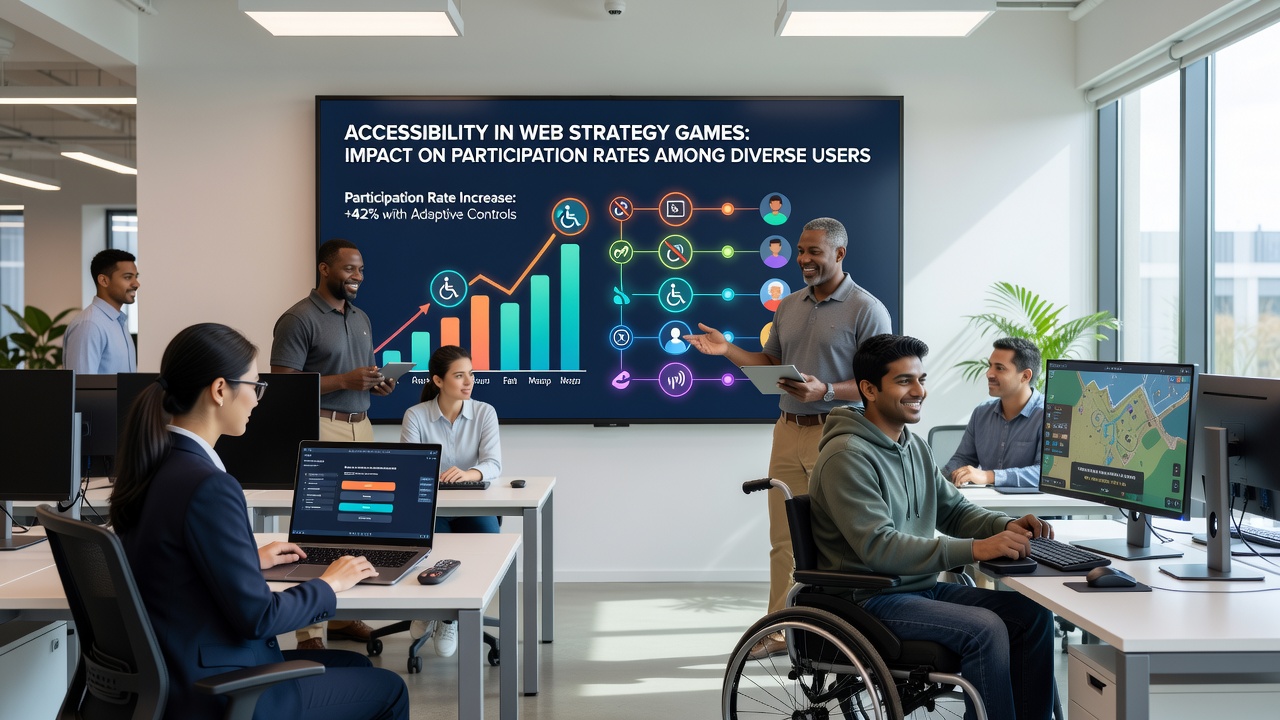 Diverse players using web strategy games with accessibility settings active during collaborative sessions