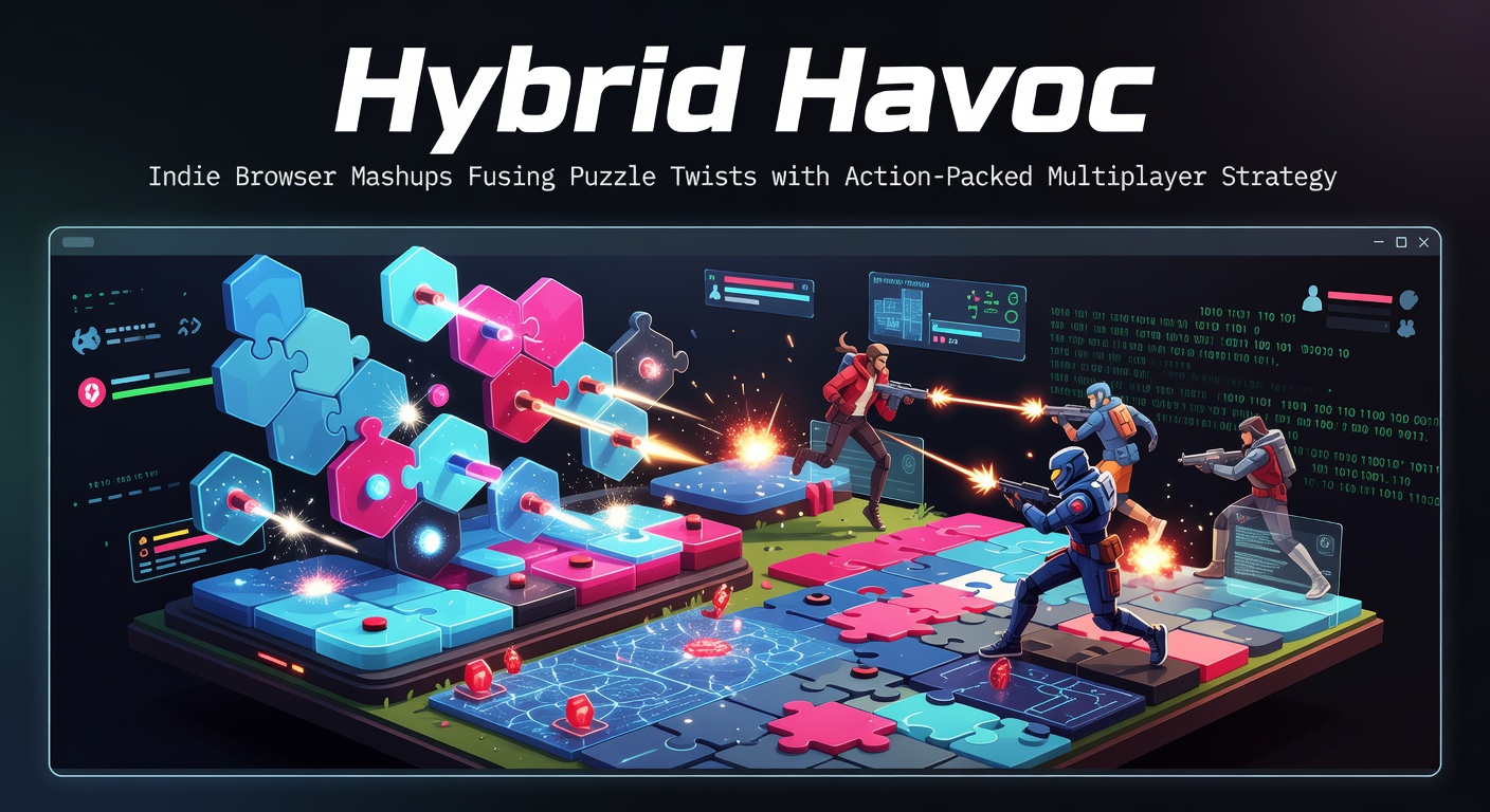 Vibrant screenshot of players maneuvering puzzle pieces amid explosive action sequences in a browser-based multiplayer arena