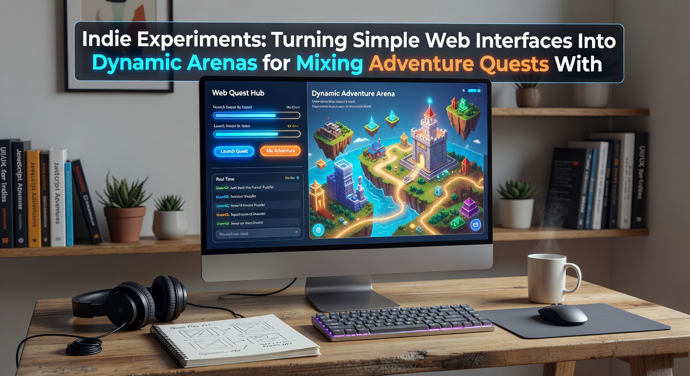 Browser window showing overlapping interface elements for quest logs, strategy panels, and an active racing track within a unified web experience