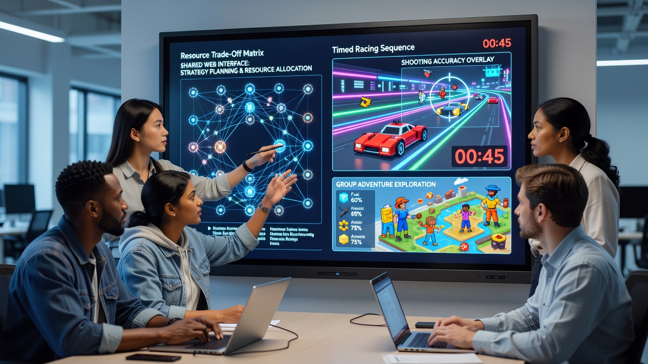 Indie developers reviewing resource allocation charts on shared web dashboards for hybrid game projects