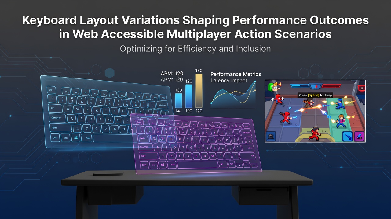 Players engaging in a browser-based multiplayer action game with visible keyboard input overlays highlighting layout differences