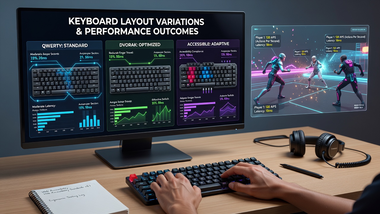 Detailed view of ergonomic keyboard layout mapping overlaid on a multiplayer action game interface showing key binding customizations