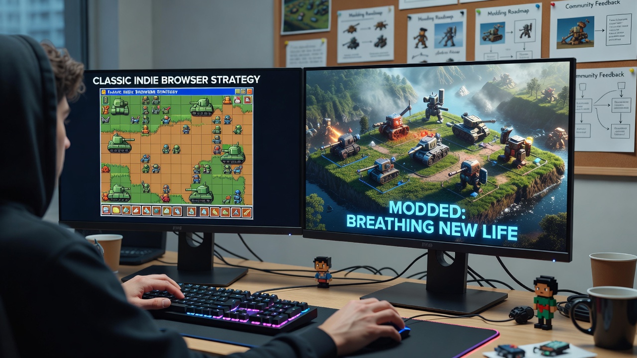 Modding team reviewing code for a revived browser-based action strategy hybrid game interface