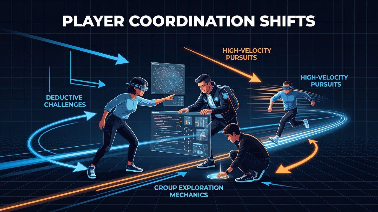 Indie web game interface showing players coordinating a high-speed chase through a puzzle-filled environment