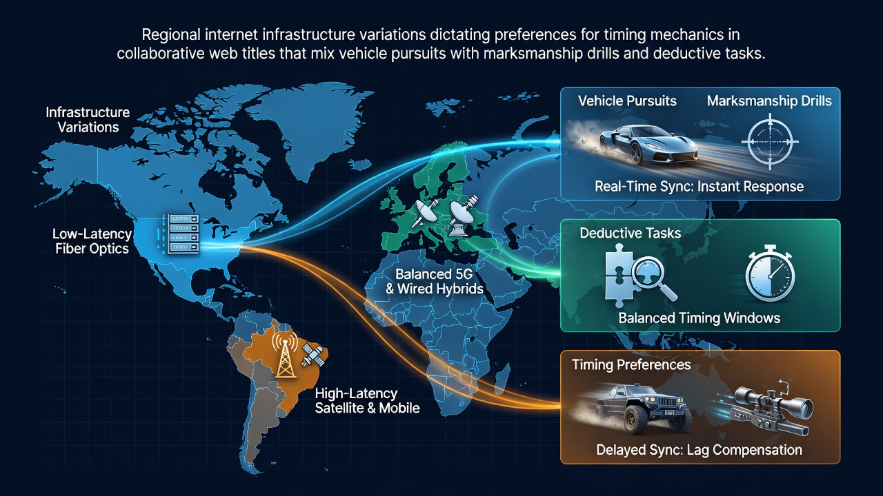 Global map highlighting regional differences in internet latency and bandwidth affecting online game timing preferences
