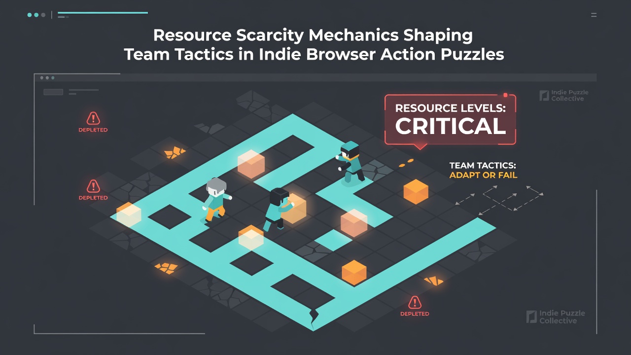 Indie browser action puzzle interface showing limited resource meters and team coordination overlays during a collaborative level