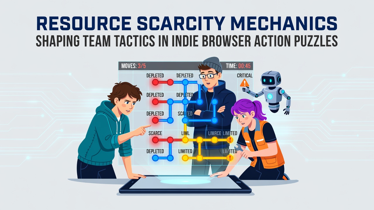 Team tactic diagram overlaid on browser puzzle arena illustrating resource transfer paths and scarcity alert zones