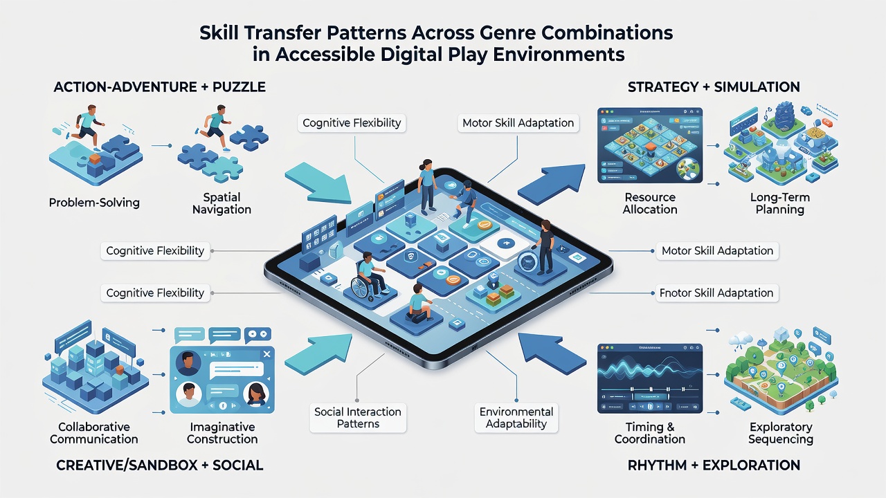 Analysis dashboard showing skill transfer metrics between different game genres in accessible play environments