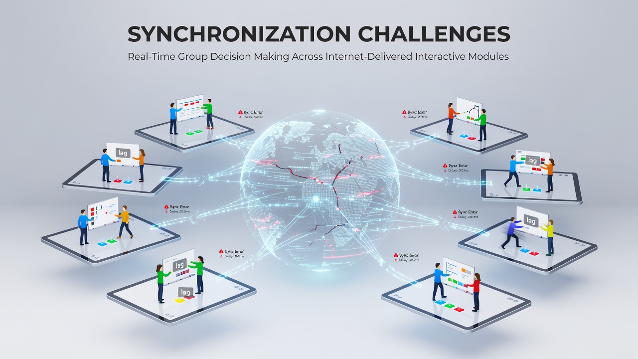 Diagram illustrating network latency effects on synchronized decision interfaces across distributed modules