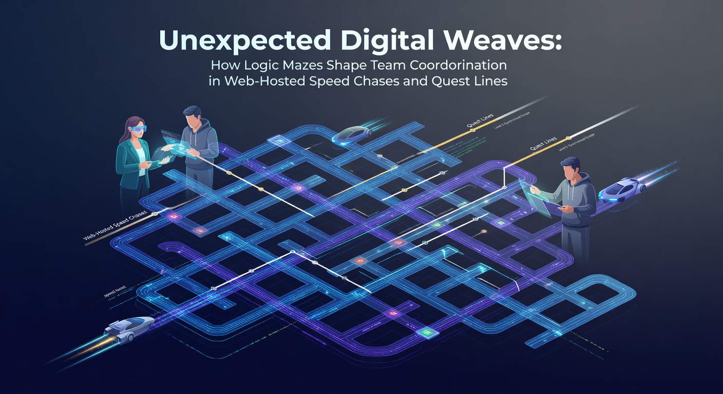 Digital interface showing interconnected logic maze pathways overlaid on a web-hosted speed chase environment with team avatars