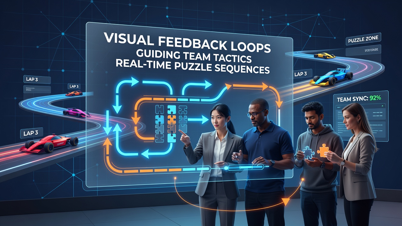 Visual indicators overlaying a browser-based racing interface during a collaborative puzzle sequence