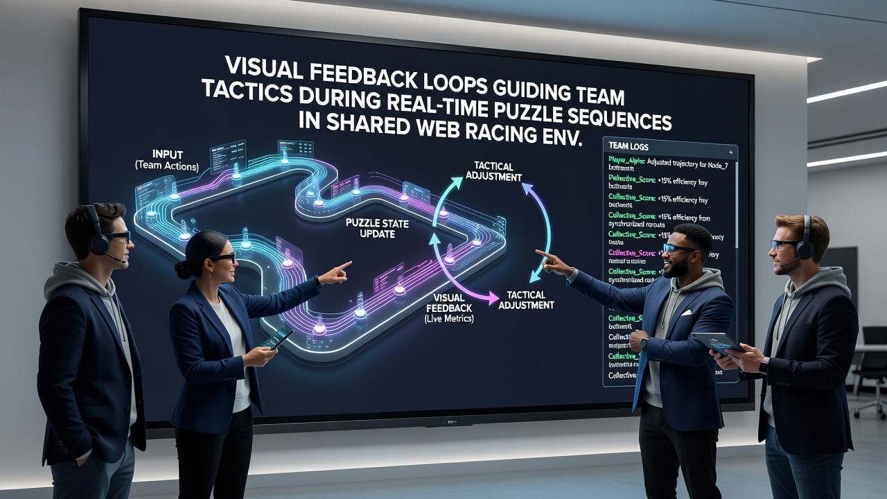 Team members adjusting positions based on animated visual markers in a shared web racing puzzle