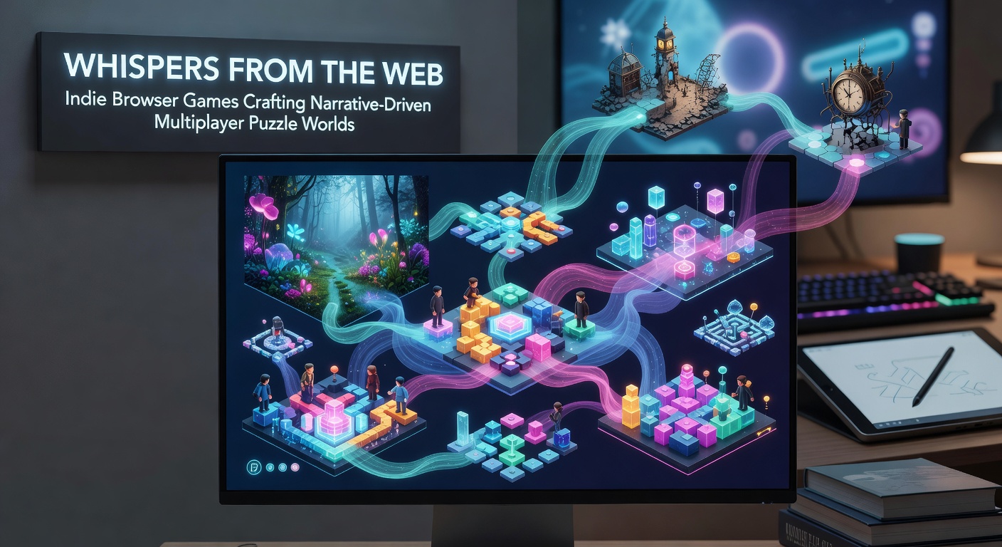 Vibrant screenshot of players collaborating in a narrative-driven browser puzzle world, shadows weaving stories across interconnected puzzle grids